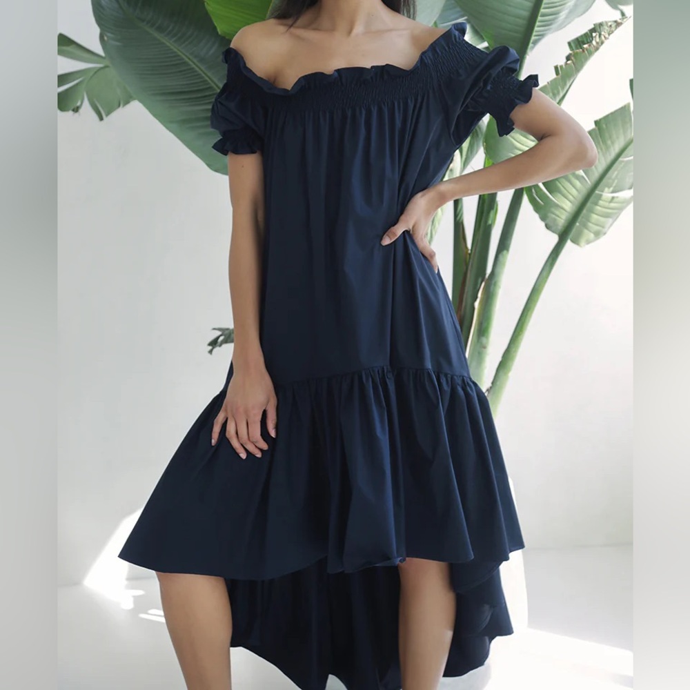 Monica Nera Lori Midi Dress Navy Blue Medium Off The Shoulder Smocked Cotton